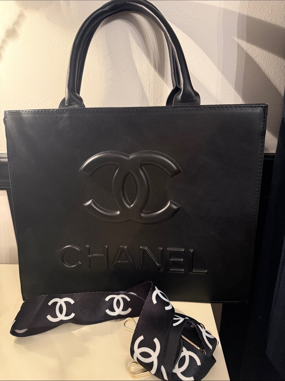 Black Embossed Logo FAUX Leather Tote. BNWOT
